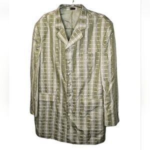 Gianni Vironi Sports Coat 46L Green 80s Block Art Shimmery Trench Jacket Button